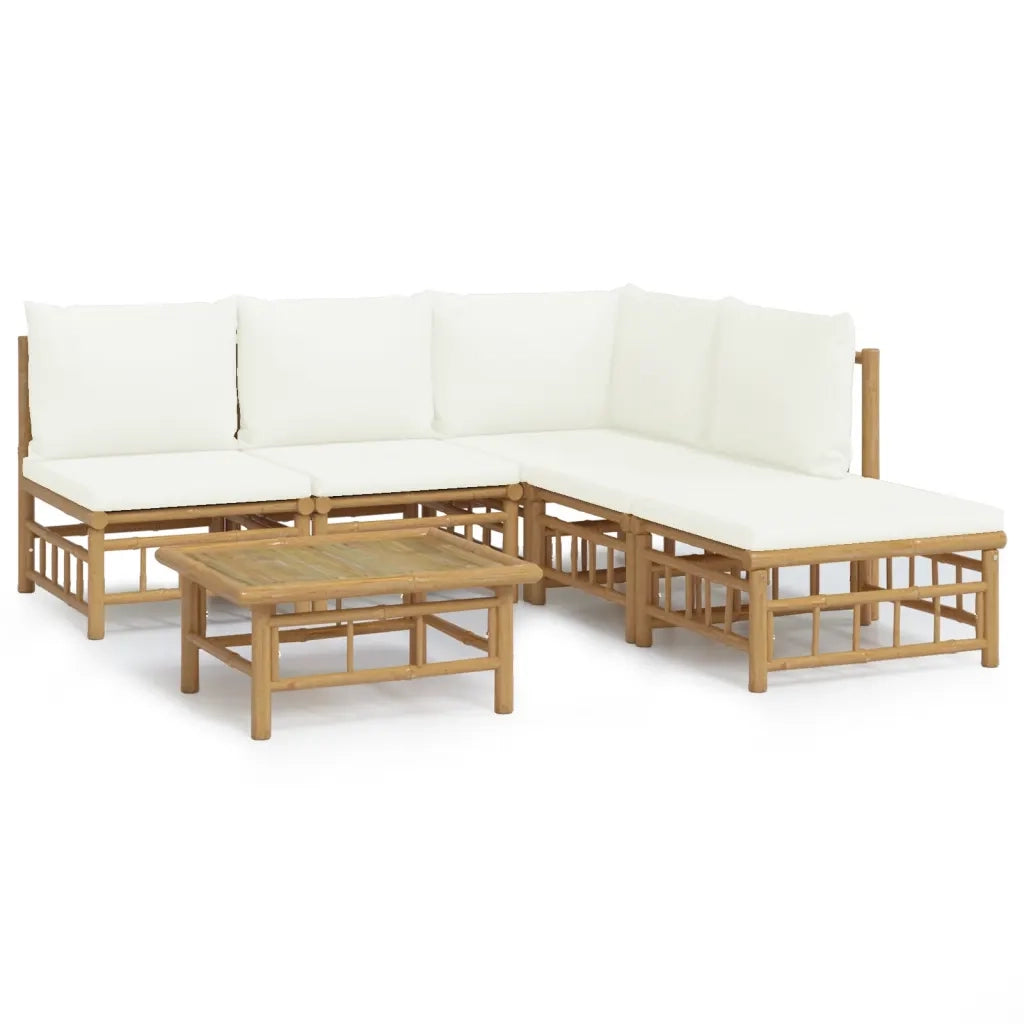 Set Salotto da Giardino 6pz con Cuscini Bianco Crema in Bambù 3155199