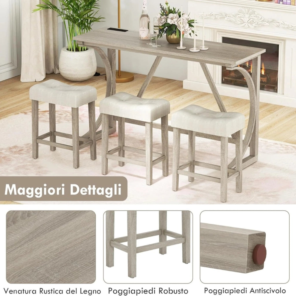 Set tavolo da bar 4 pezzi con presa di corrente, Tavolo da bistro altezza bancone e sgabelli imbottiti a sella Grigio + Beige-Tavoli e sedie da pranzo