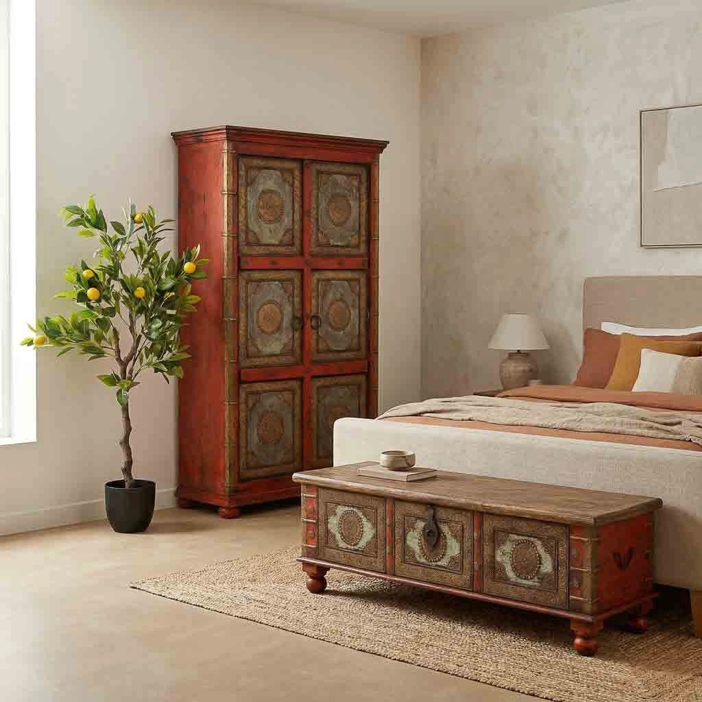 Cassapanca artigianale in legno rosso 150x45x46h cm