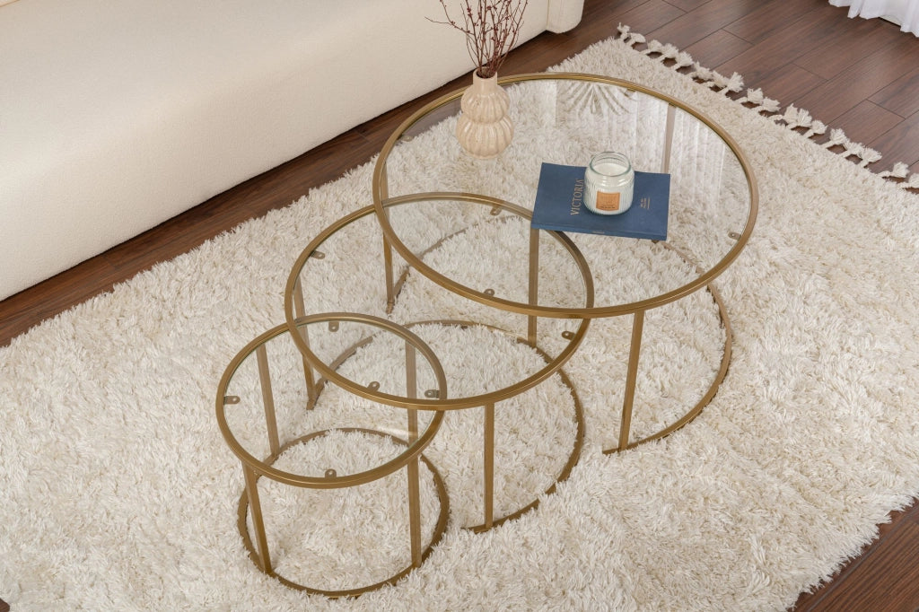 Set di 3 tavolini in metallo "Aurum" - 80 x 80 x 43 cm - Oro trasparente