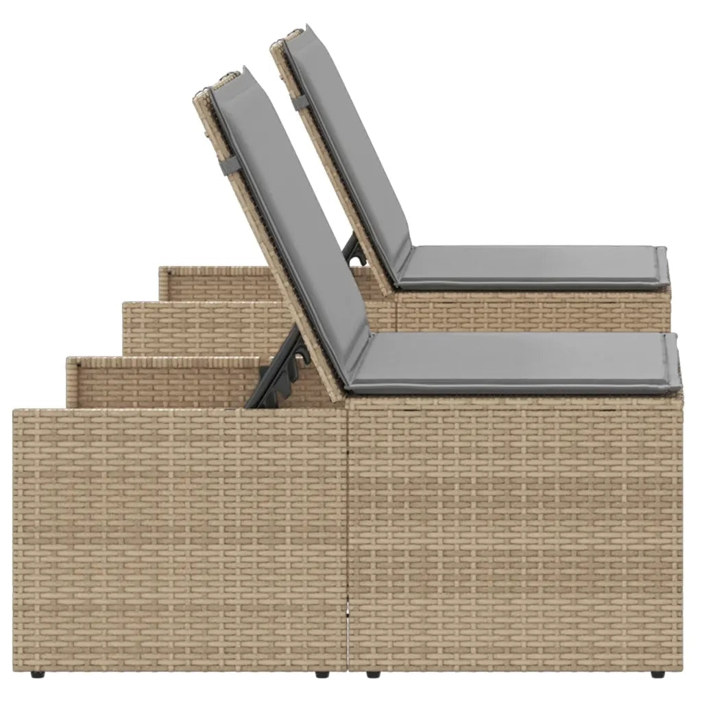 Lettini prendisole 2 pz con tavolo beige in polyrattan 368425