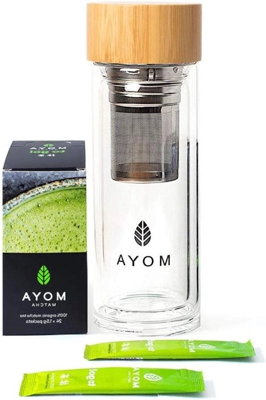 Set di Biologico - 24 bastoncini Matcha to Go - 15 g + Shaker in vetro 330ml - Preparazione di matcha caldo e freddo - Ideale per lavoro, viaggio, palestra