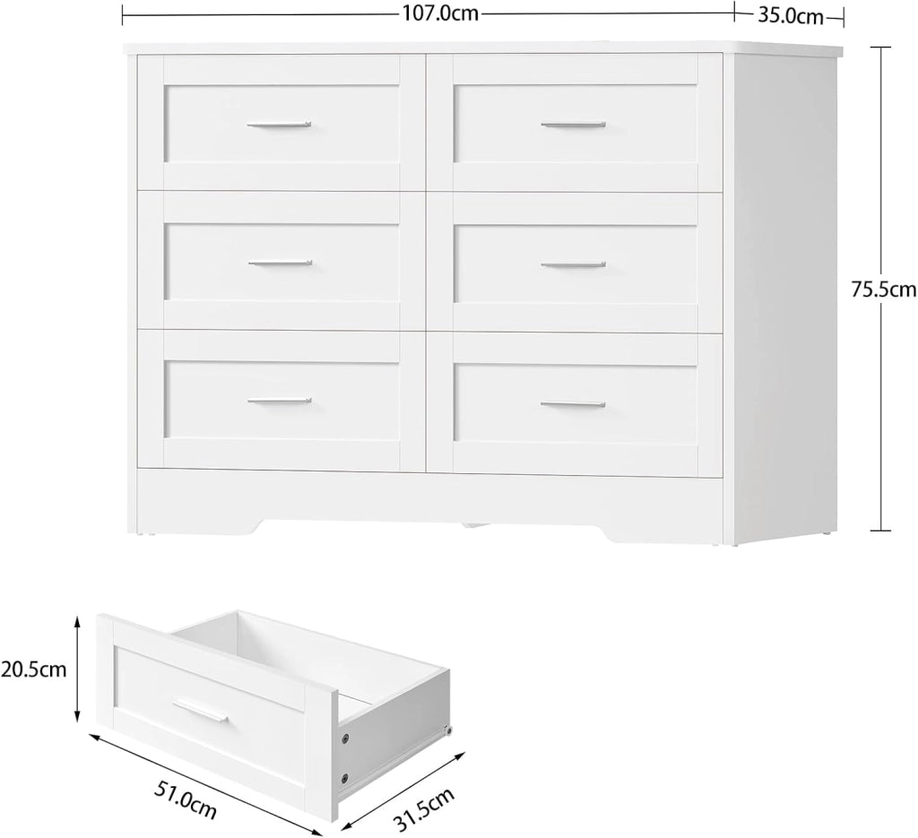 Cassettiera Camera da Letto, Settimino con 6 Cassetti - Comò Bianco Moderno e Salvaspazio, Ideale per Soggiorno e Ingresso, 107x35x75.5 cm