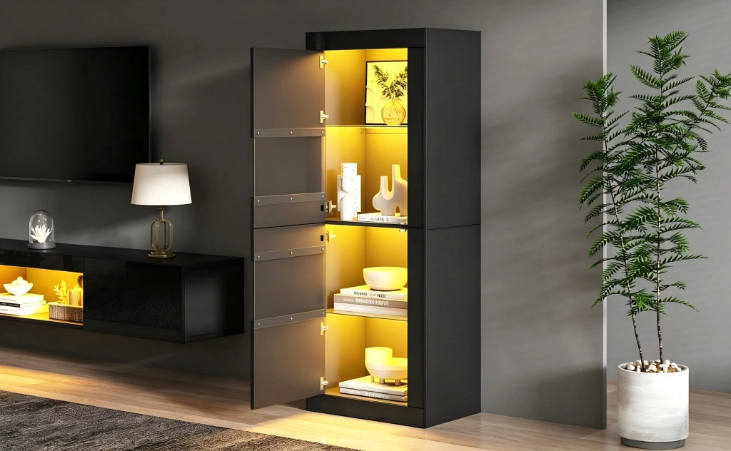 Vetrina con LED e 2 ante, 3 ripiani regolabili e 4 vani, per soggiorno e sala da pranzo, nero, 61 × 42 × 162 cm