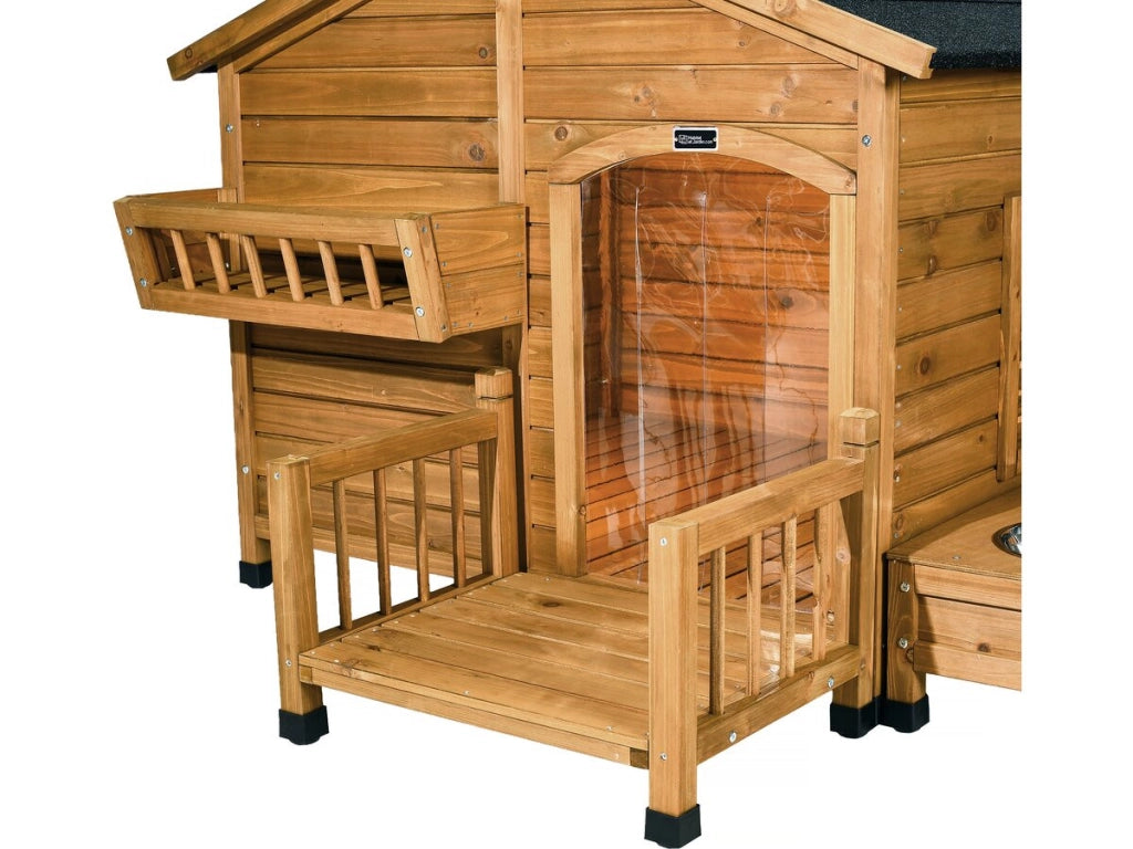 Casetta per cani in legno "Rusty" con mangiatoia e contenitore - 151 x 138 x 100 cm - Marrone