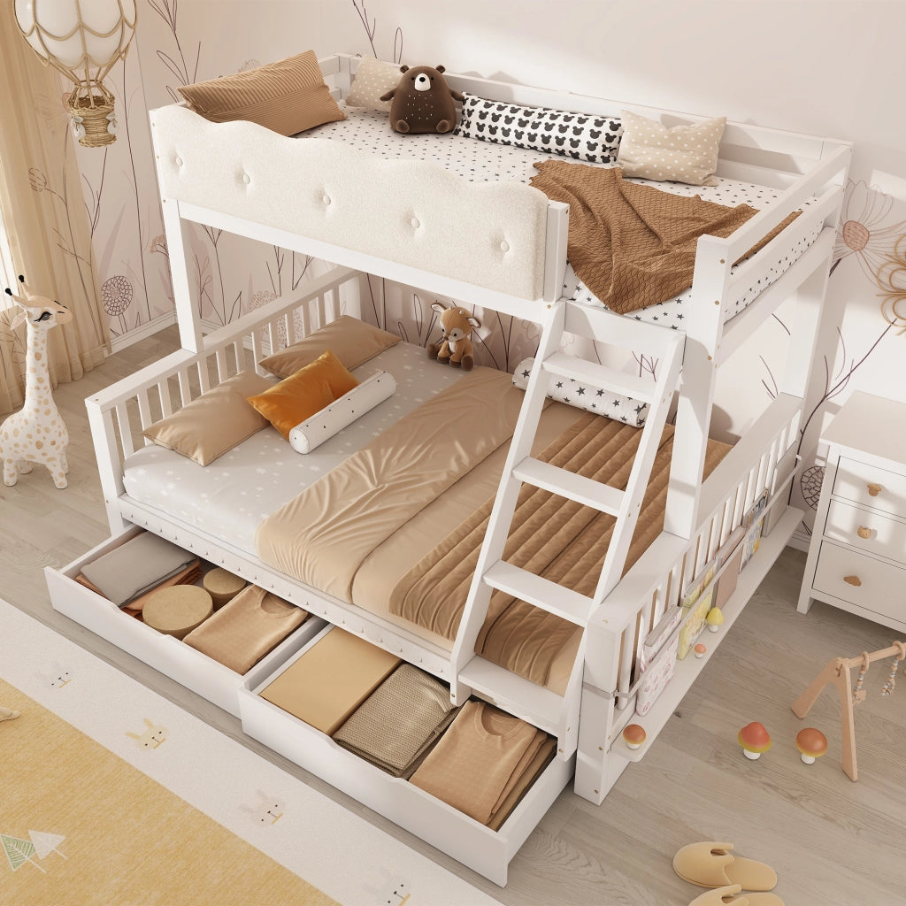 DESMIU Letto a castello 90 × 200 e 140 × 200 cm 2 posti con 2 cassetti e portariviste, senza materasso, bianco