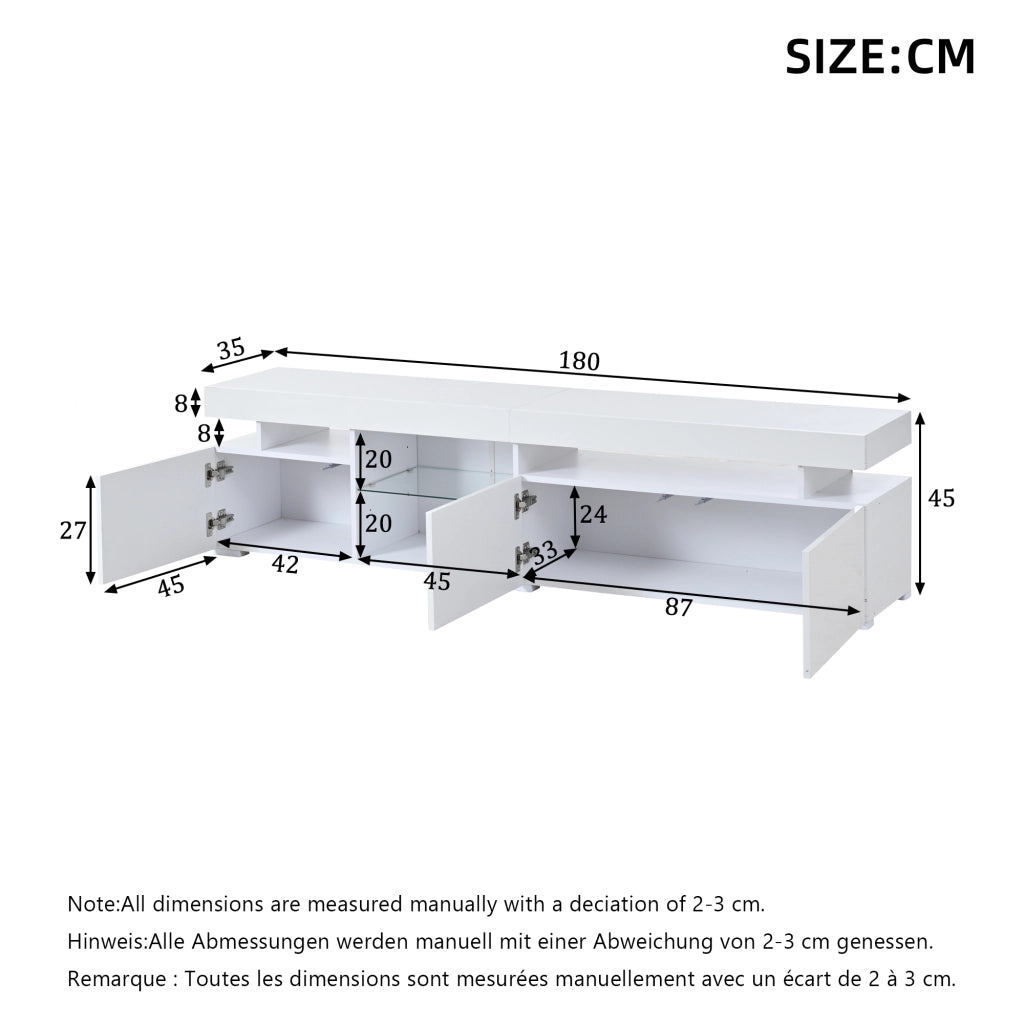 Mobile TV Lowboard Bianco ¨C MINIMAL ¨C 3 Ante, Ripiani in Vetro, 180x35x45 cm
