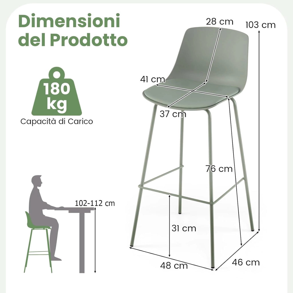 Set di 4 Sgabelli da Bar in Ecopelle con Schienale e Poggiapiedi | Sedie Alte con Sedili Imbottiti Morbidi, Gambe in Metallo, Stile Moderno per Isola Cucina e Sala da Pranzo, Portata 180 kg