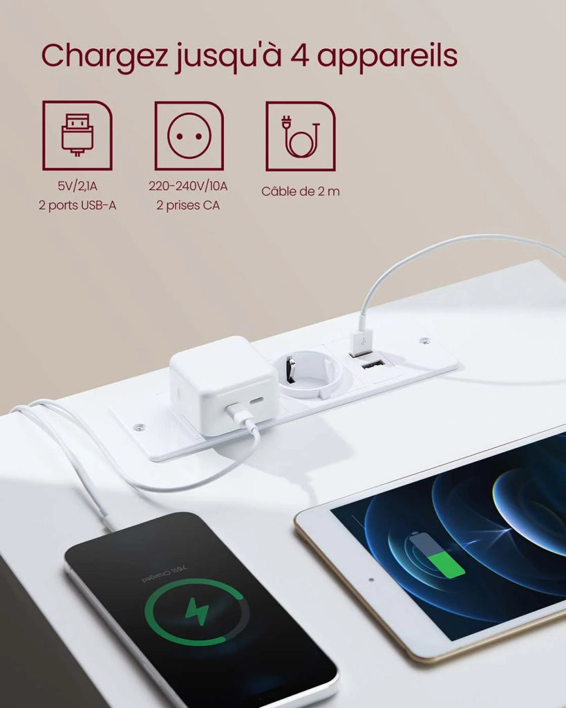 Comodino con multipresa tavolino con 3 cassetti 2 prese CA 2 porte USB frontali dei cassetti smussati per soggiorno camera da letto ufficio beige moderno 12_0007615