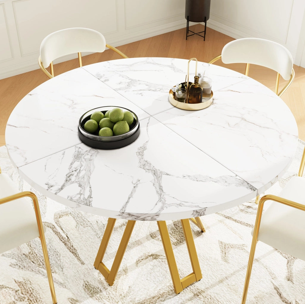Tavolo da pranzo 100x100x76 cm con piano in MDF effetto marmo e gambe in metallo oro