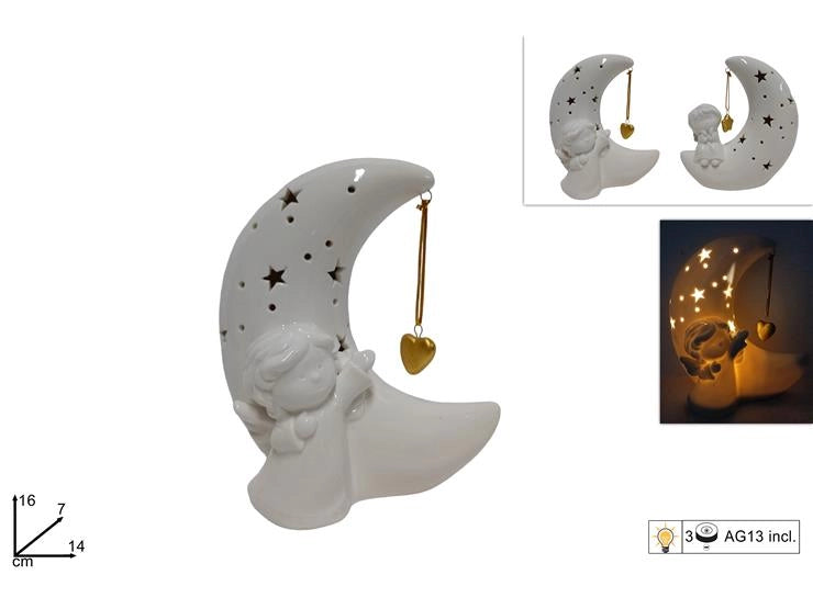Decorazione Natale Angelo Bianco Luna in Ceramica con Luce 16 cm