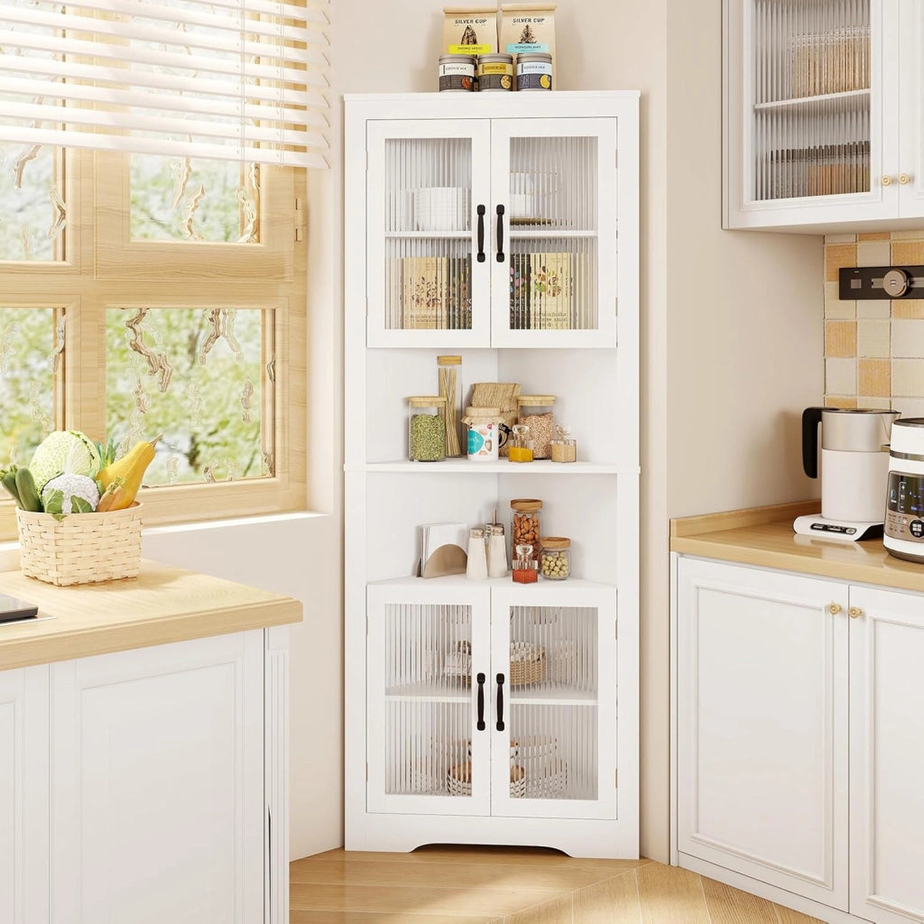 Armadio Angolare 66 x 35 x 171 cm, Mobile Bagno Triangolare Salvaspazio con 4 Ante in Vetro Temperato e Ripiani Regolabil, Mobile Angolare per Soggiorno, Cucina e Sala da Pranzo (Bianco)