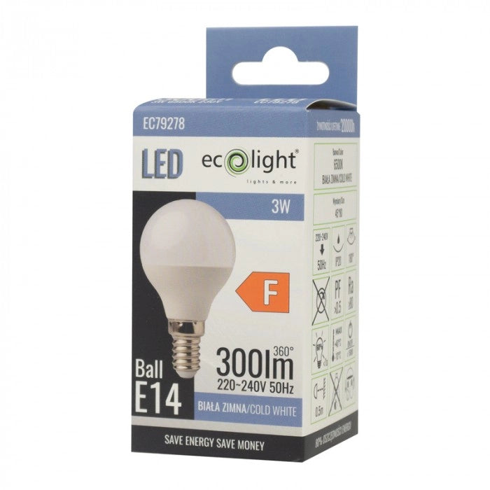 Lampadina LED E14 sferica 3W 270lm 6500K Ecolight