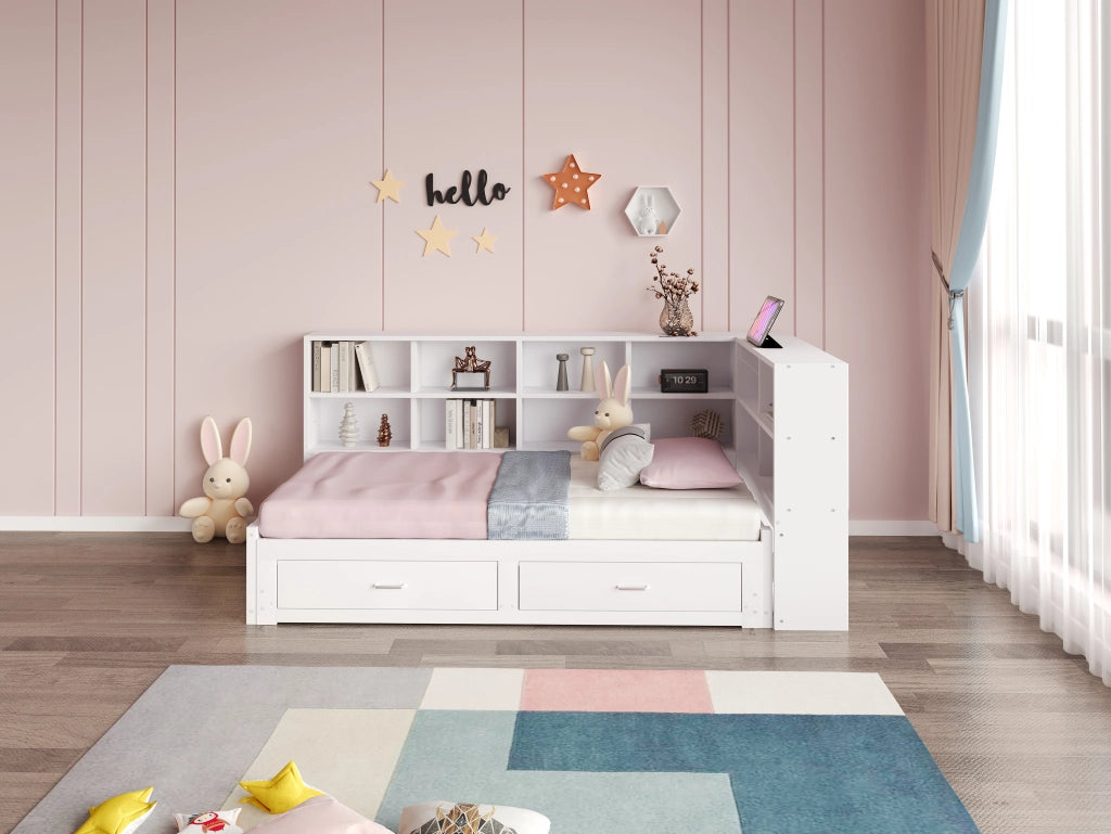 DESMIU Divano letto 90 × 190 cm e 180 × 190 cm 1 posto con contenitore, USB e Type-C, senza materasso, bianco