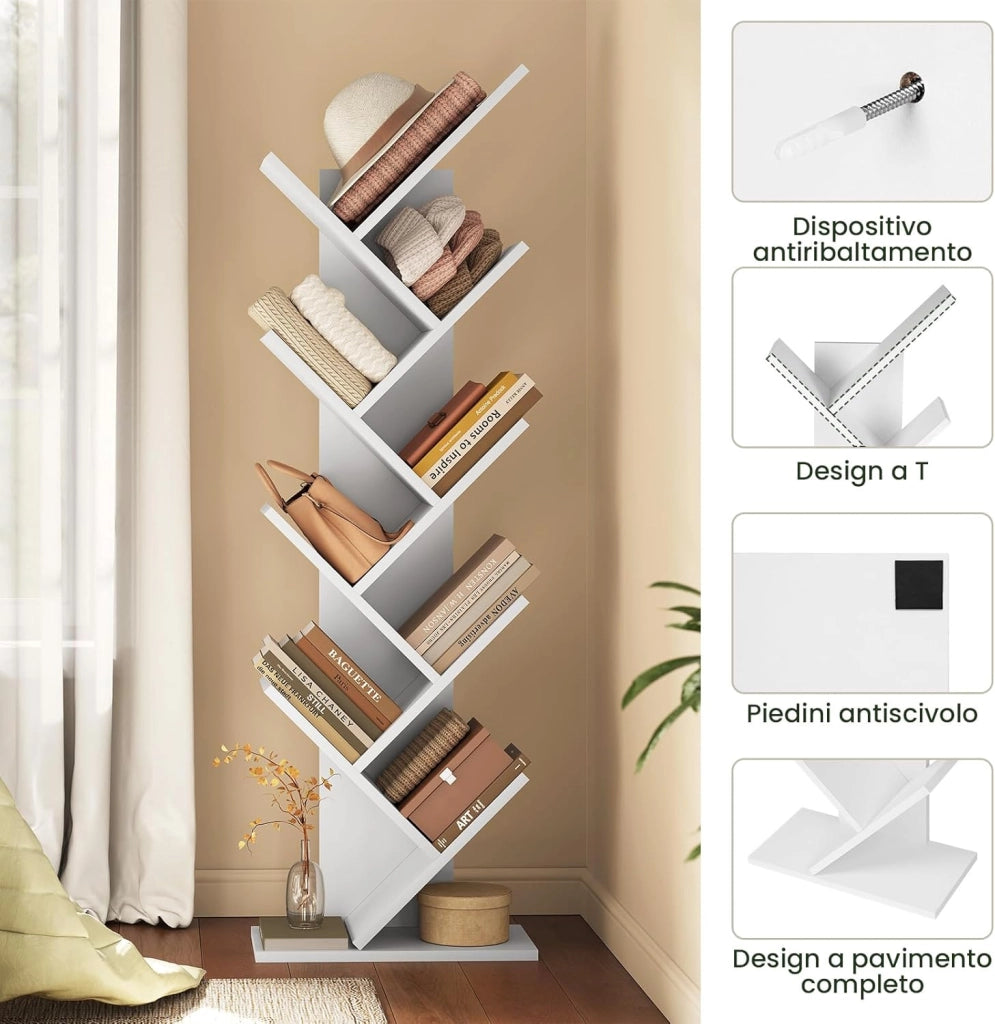 Libreria ad Albero Moderna Scaffale Salvaspazio a 9 Ripiani in Legno Porta Libri per Soggiorno Camera Studio Bianco, 40x20x127cm