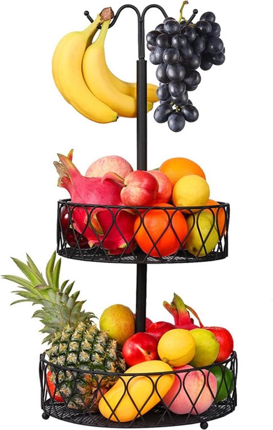 Stand di frutta a due livelli con contenitore per banane per risparmiare spazio
