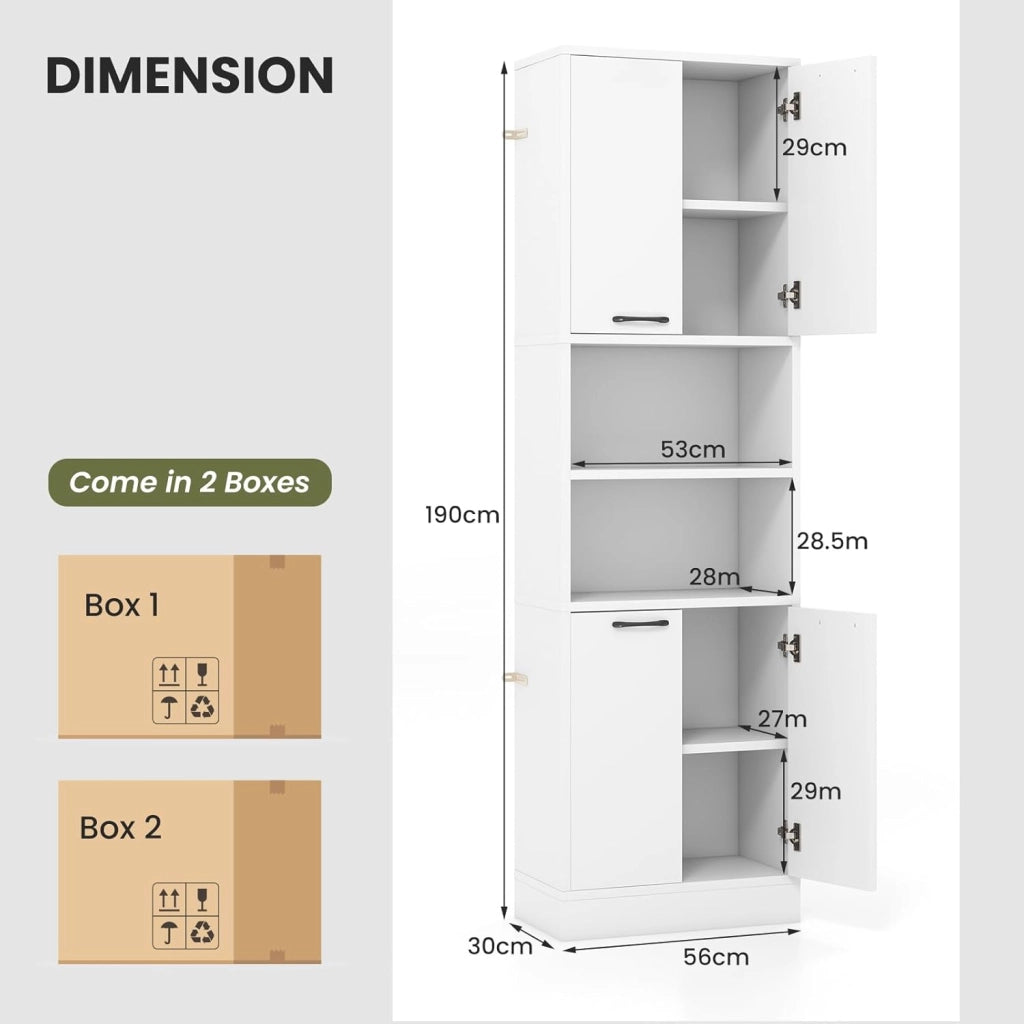 Credenza da Cucina Alta 190 cm con 4 Ante, 2 Scomparti Aperti e 6 Ripiani, 4 Kit Antiribaltamento, Armadio Portaoggetti per Cucina e Bagno
