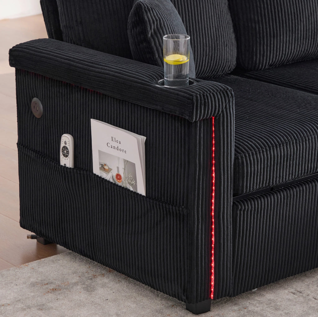 Divano 194x73x81 cm con LED; USB/TYPEC; tasche e cassetti; in velluto a coste nero