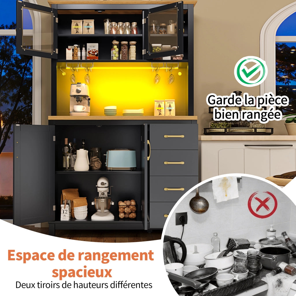 OKWISH Credenza da Cucina con Ante, Cassetti, Ripiani Interni e LED, Stile Retrò Moderno, in MDF, Nero, 105.5×40×180 cm