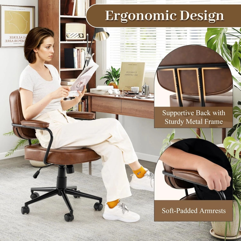 Sedia da ufficio girevole a 360°, sedia imbottita in pelle sintetica con braccioli imbottiti, altezza regolabile 47-55 cm, funzione ribaltabile, sedia con ruote per studio, camera da letto