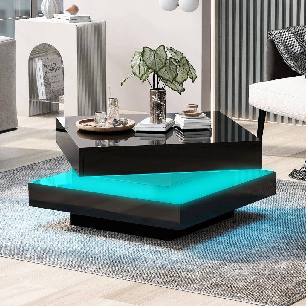 Tavolino da Caff¨¨ Rotondo con Piano Girevole e LED ¨C Xylo ¨C Nero Lucido, 70x70x36 cm