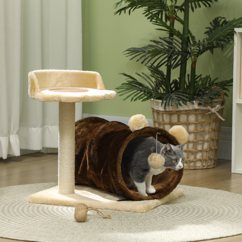 Albero tiragraffi per gatti con tunnel, nido e piattaforme ¨C zephmum ¨C marrone scuro, 47 cm