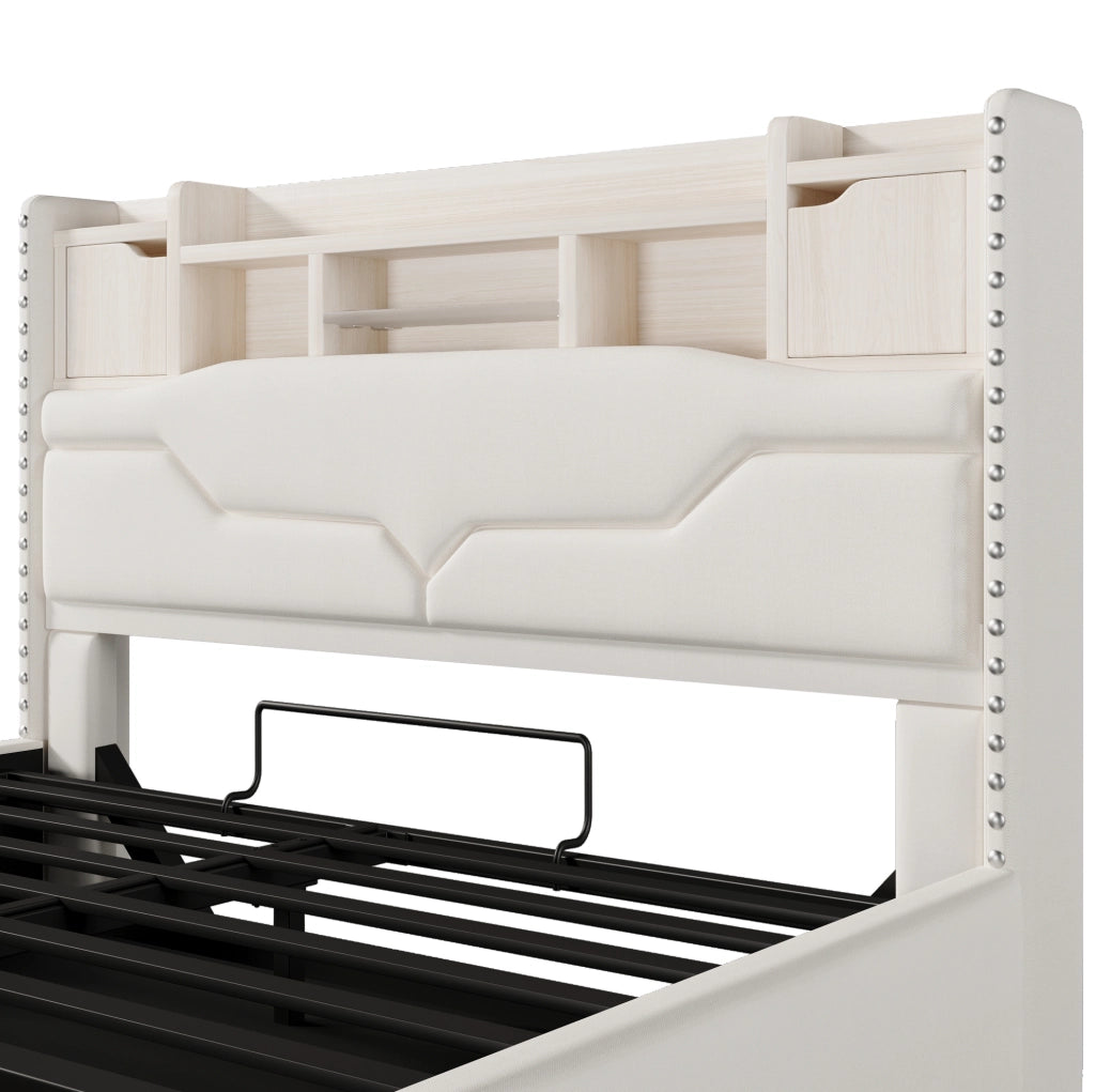 Letto imbottito 160x200 cm con contenitore e LED; prese USB e Tipo-C in lino beige