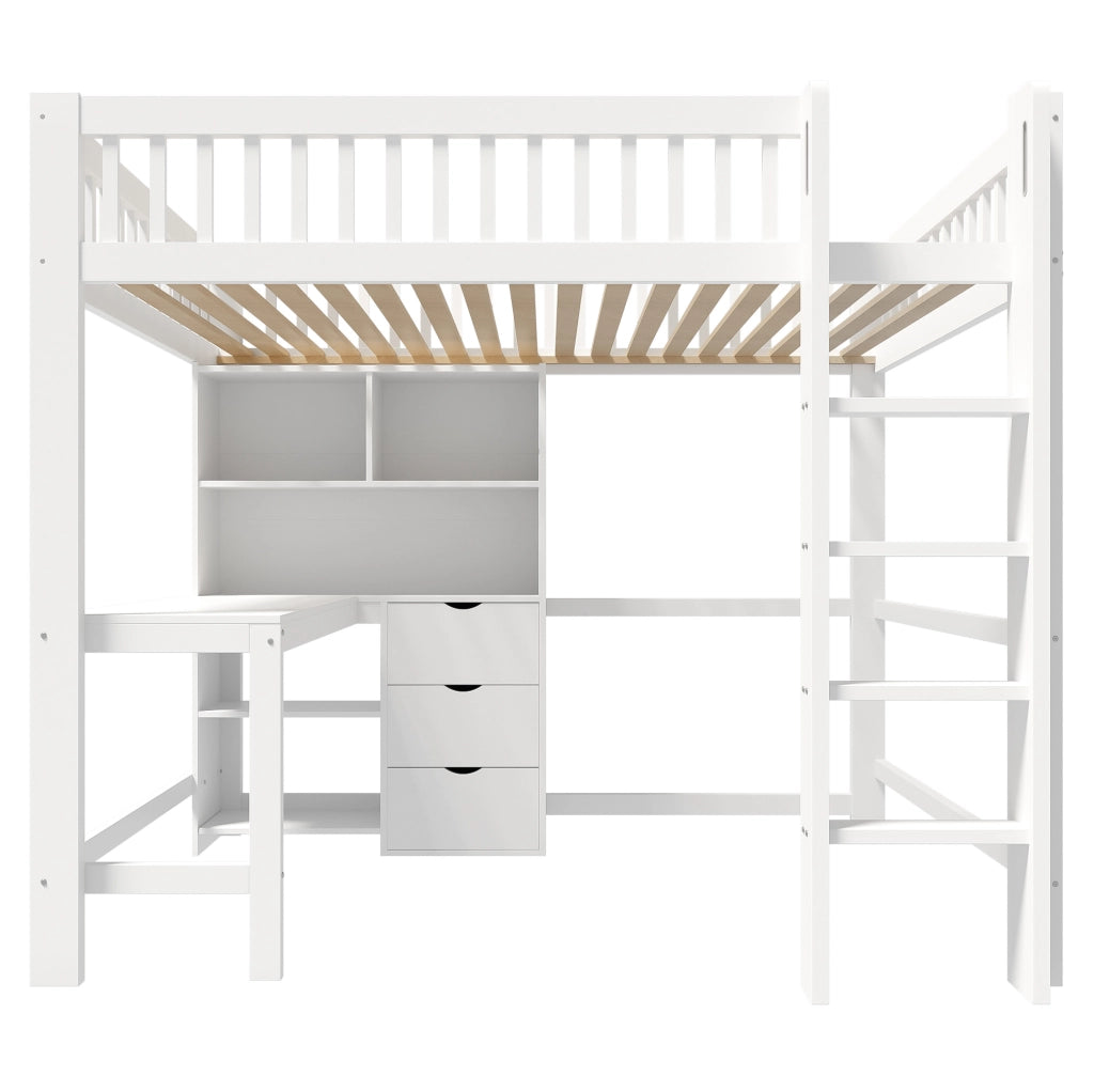 Letto a soppalco ULEVR 140x200 cm con scrivania, 3 cassetti, vani aperti e scala, bianco