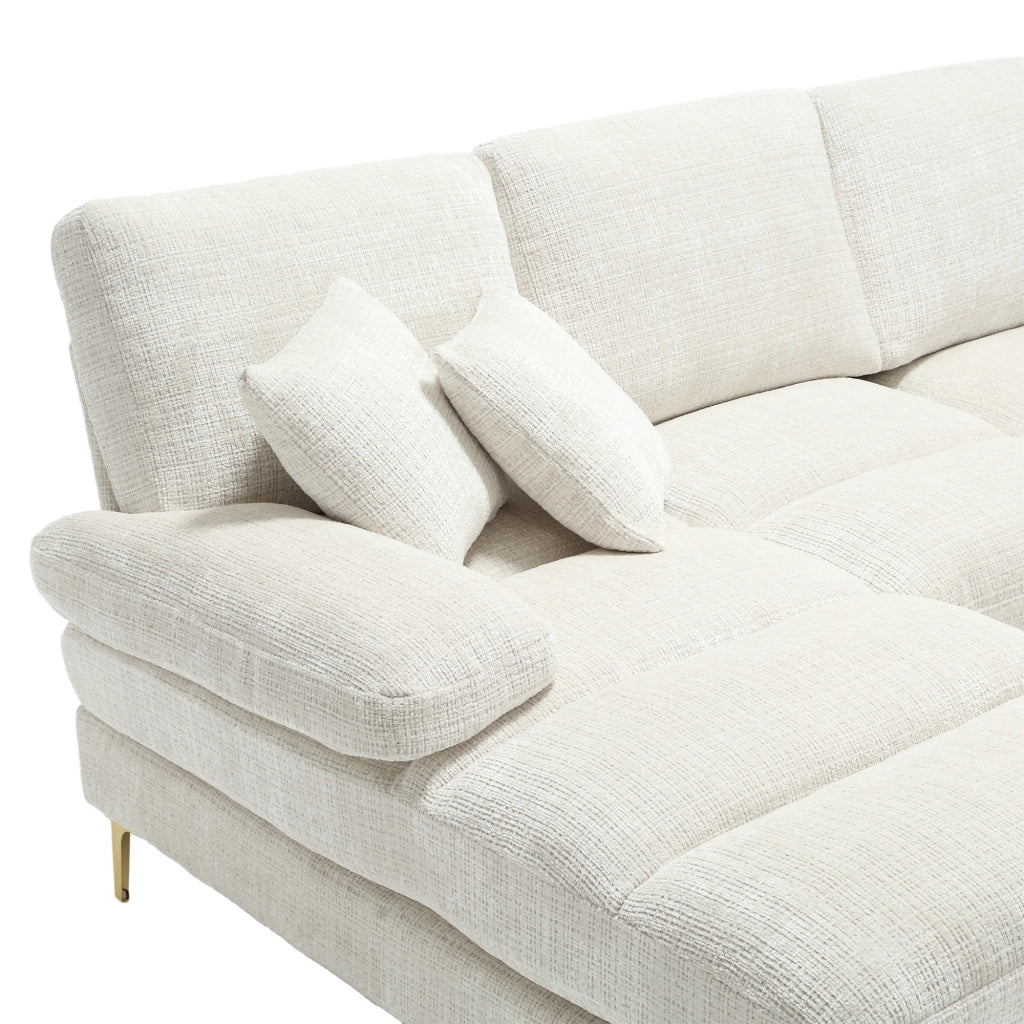 Divano componibile a U in ciniglia beige con due postazioni distese e struttura in compensato