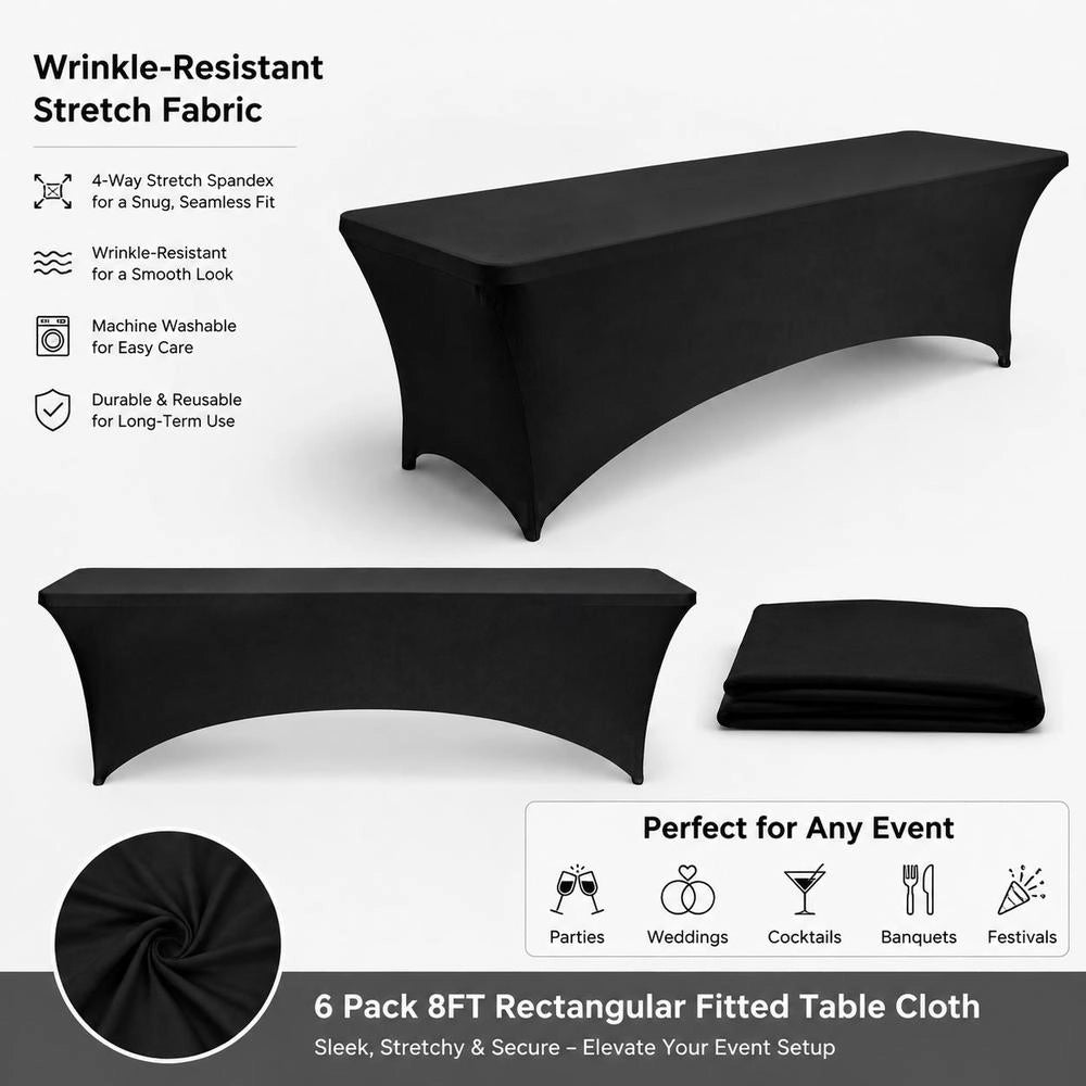 6 Pack Table Cloth For 8FT Rectangular Fitted Events, Wrinkle-Resistant Stretch Black Table Covers, Washable Spandex Tablecloth Protector, For Party, Wedding, Cocktail, Banquet, Festival
