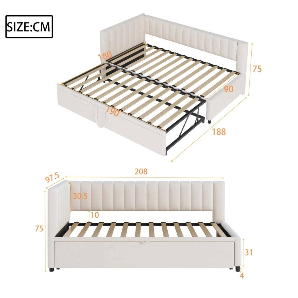 LETTO SOFA L-Forma Estraibile 90x200 cm Velluto Beige