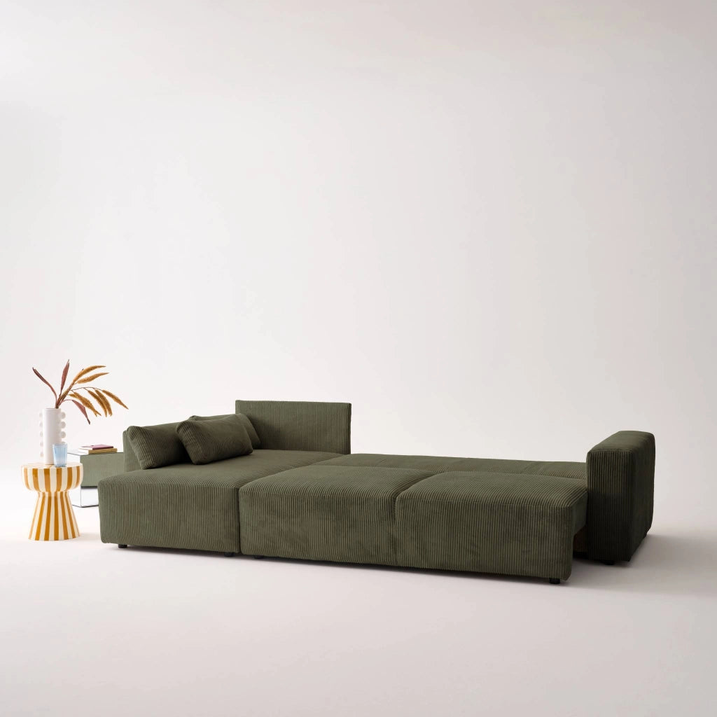 Divano letto angolare reversibile con contenitore in velluto a coste,