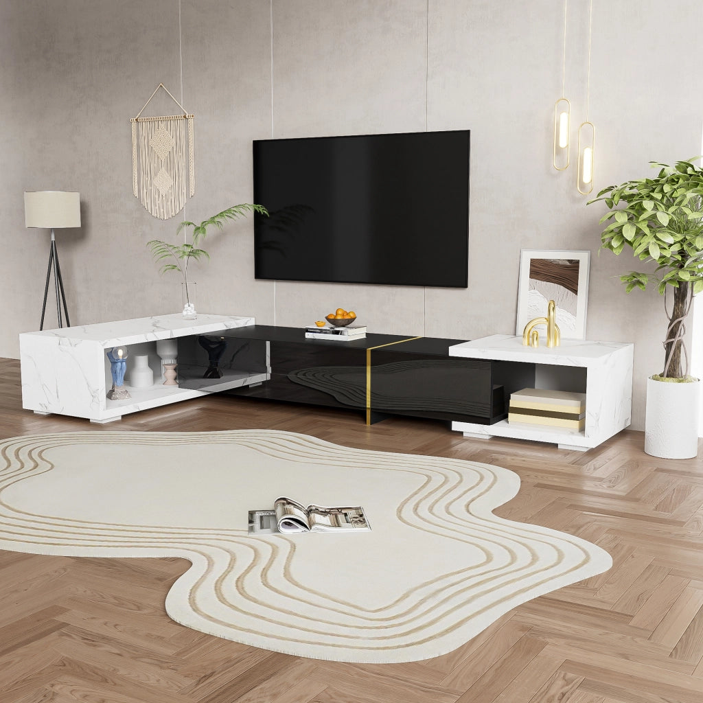 Mobile TV 140-260 cm; girevole e regolabile; MDF e truciolato; nero e marmo bianco