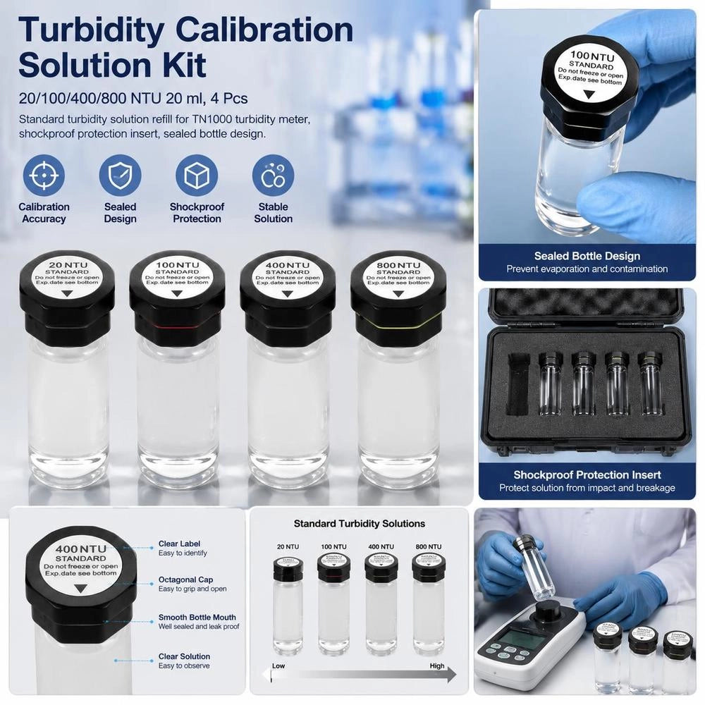 Turbidity Calibration Solution Kit 20/100/400/800 NTU, 20 Ml Each, 4 Pcs. Standard Turbidity Solution Refill For TN1000 Turbidity Meter, Shock-resistant Protective Insert, Sealed Bottle Design