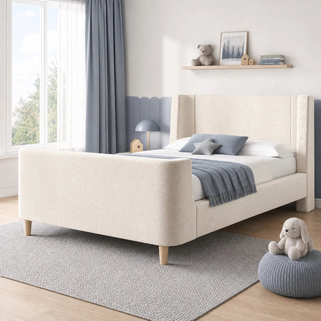 Letto singolo per bambini 90x200 cm stile slitta in velluto beige con rete a doghe