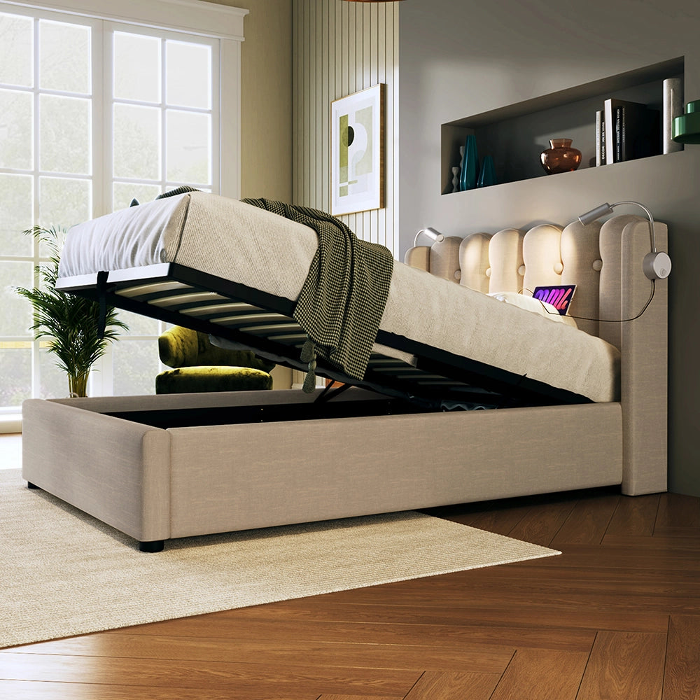 Letto a ribalta singolo con testiera imbottita - Xylo - 90x200 cm - Beige - Spazio di archiviazione