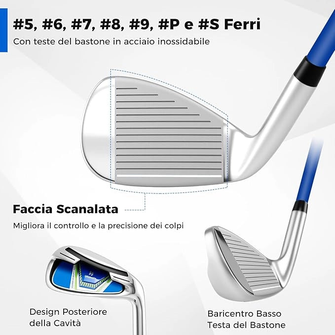 Set Completo di Mazze da Golf con Sacca a Treppiede, Include con Driver 1 da 460CC, Legno 3, Ibrido, Ferri 5, 6, 7, 8, 9, P, S, Putter e Copertura Antipioggia per Destrimani