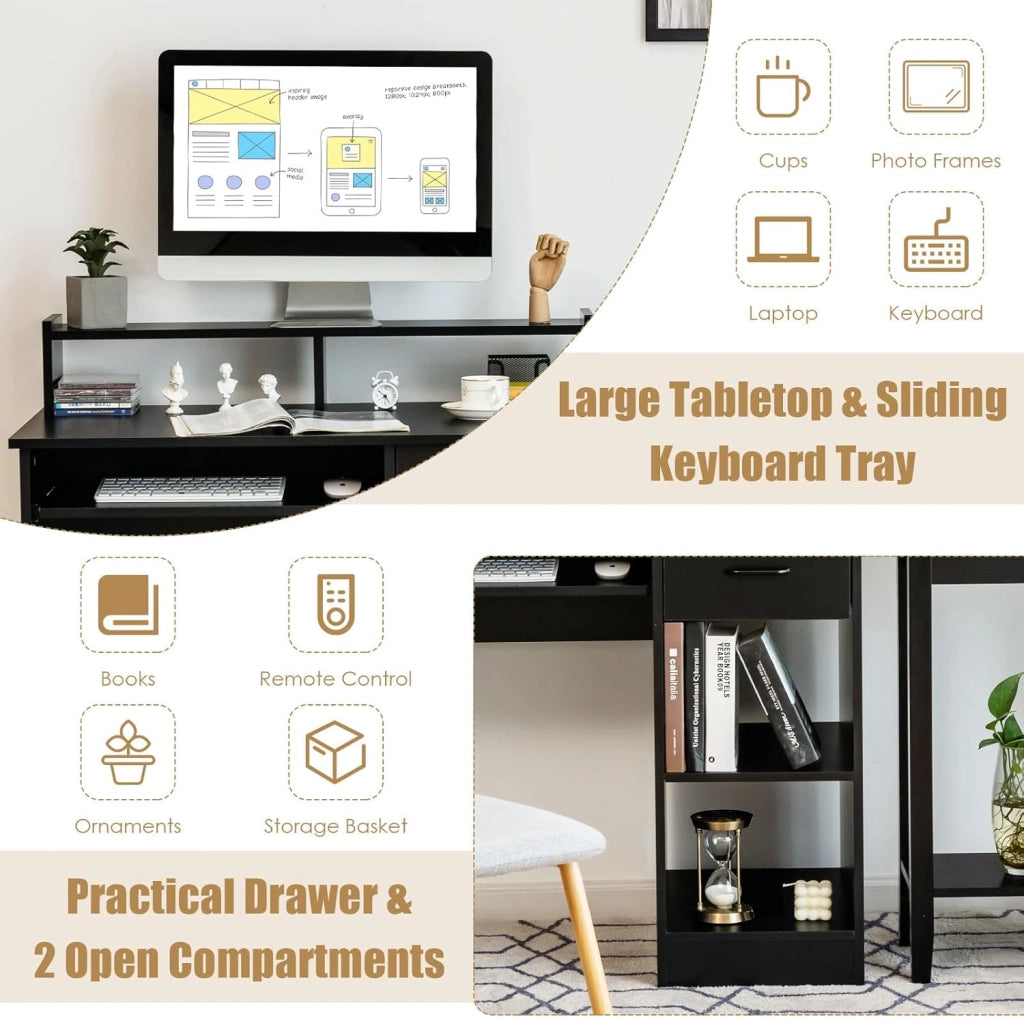 Scrivania per Computer, Tavolo da Lavoro con Supporto per Monitor, Tavolo da Ufficio Moderno con Cassetto e Ripiani, Scrivania per Computer con Spazio (Nero)