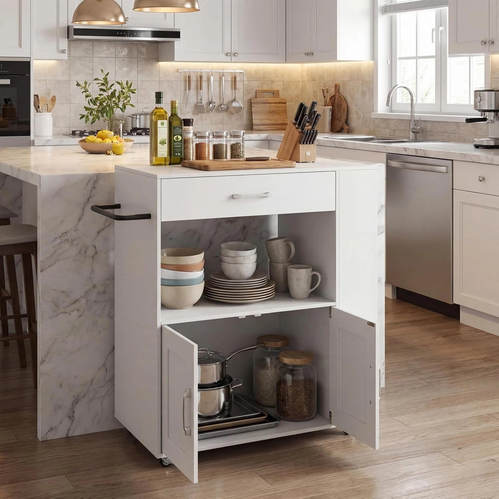 Credenza da Cucina su Ruote, Isola Mobile, Carrello da Servizio con Cassetto e 3 Ripiani, 2 Colori, 75x46x89 cm (Bianco Pieno)
