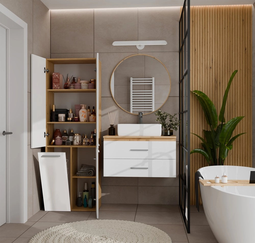 Mobile bagno NEL 1k DD scaffale colonna kosz per bucato rovere artisan e bianco lucido