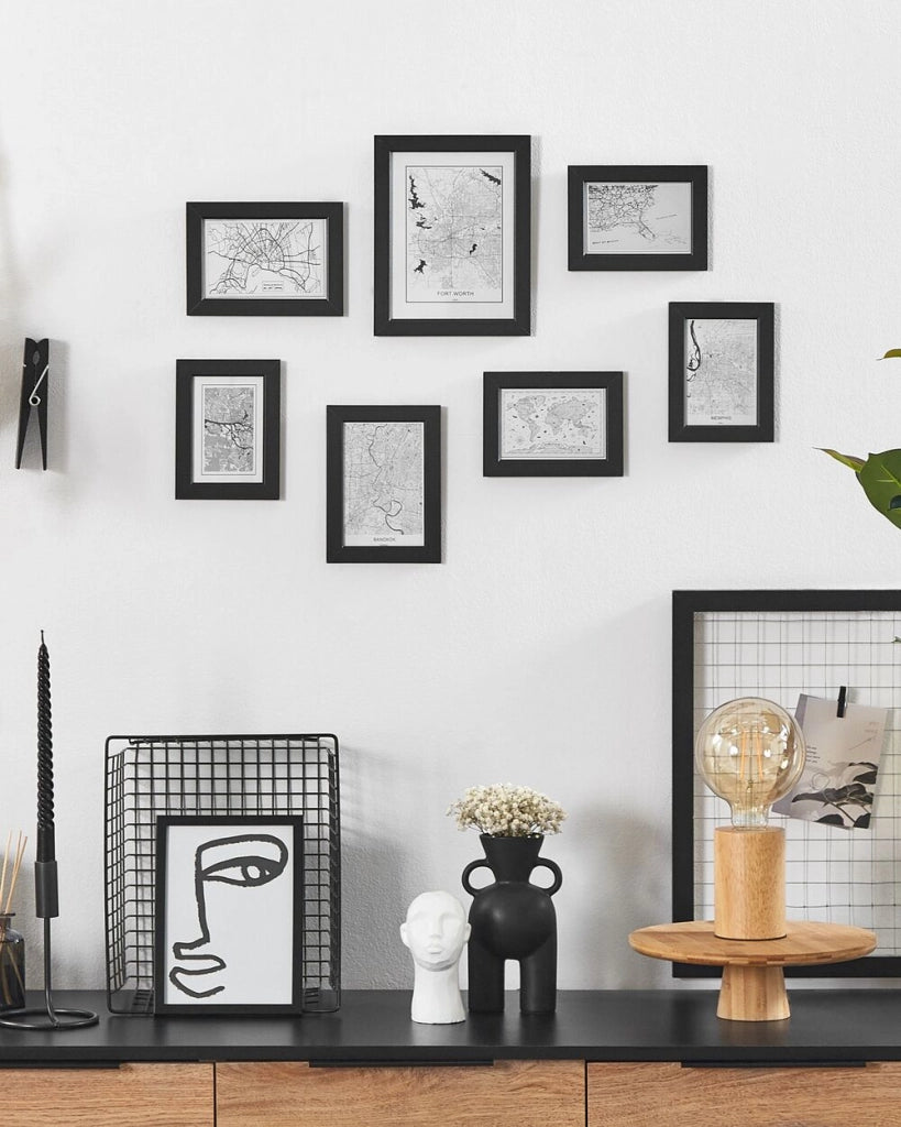 Set di 7 cornici per foto nere in MDF varie dimensioni quadri multi foto