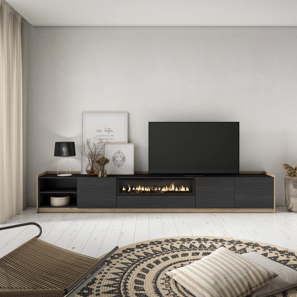 Mobile TV Soggiorno, 310x50x37 cm, Per TV fino a 80", Camino elettrico, Nero e rovere