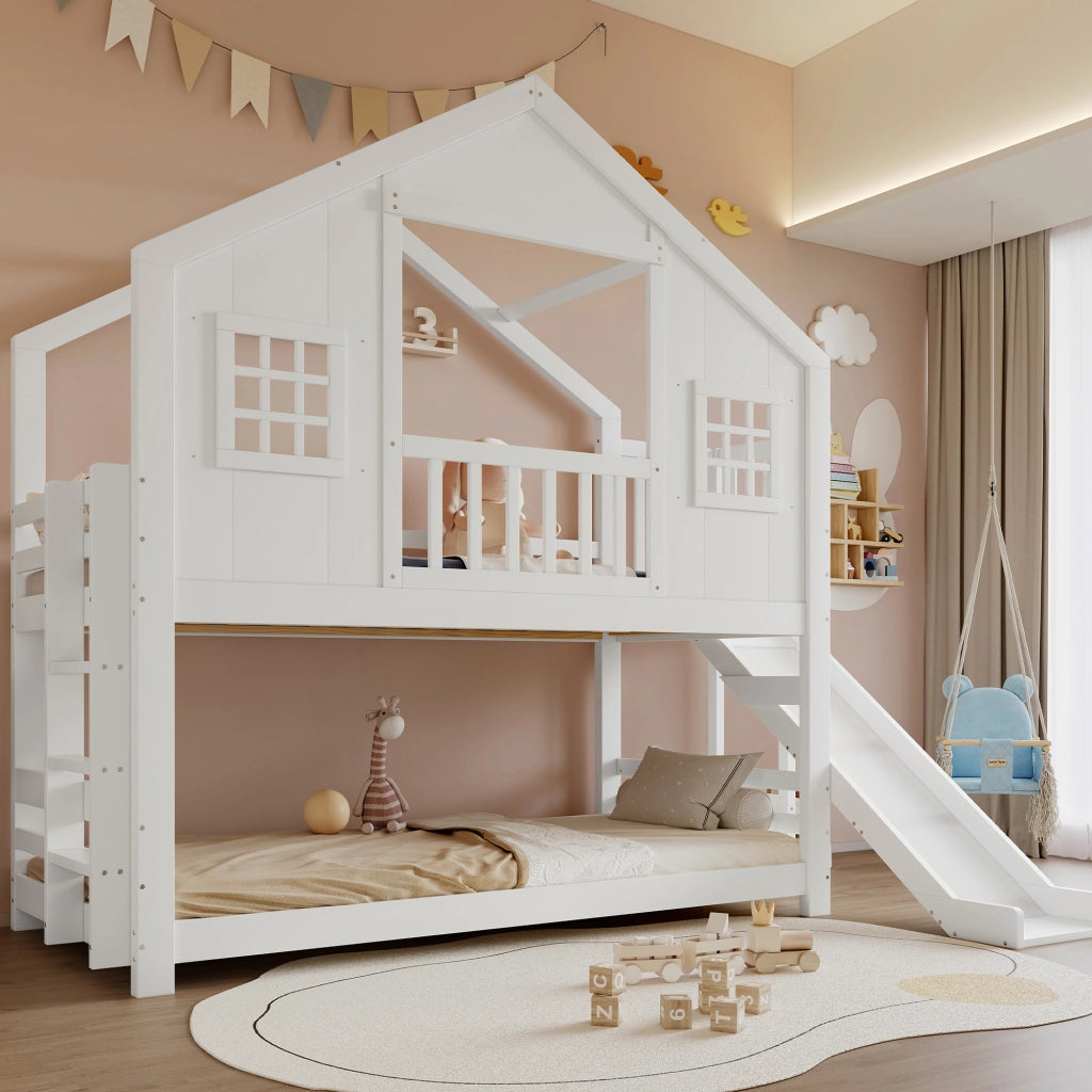 Letto a Castello con Scivolo e Finestre ¨C MINIMAL ¨C Pino/MDF, Bianco, 90x200