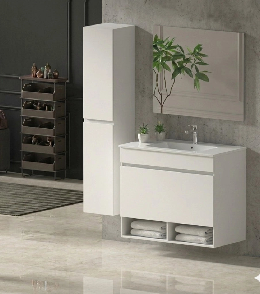 Mobile Bagno NEBARI Già Montato 1 cassetto, lavabo e specchio Bianco lucido 90x40 cm con colonna