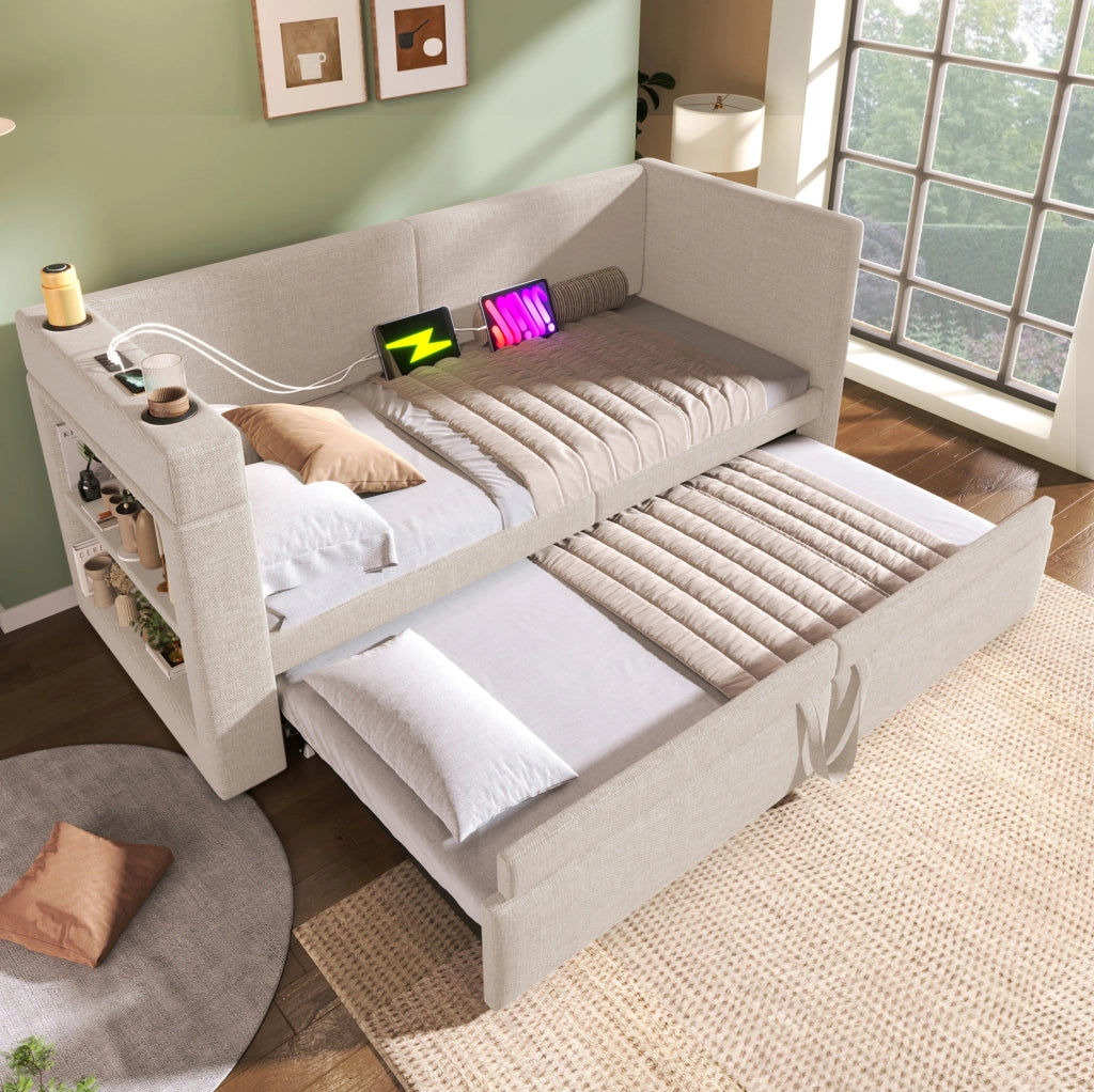 Divano letto con letto estraibile 90x200 cm; cotone e lino beige; USB e Type-C