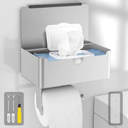 Supporto per carta igienica senza forare, contenitore per carta igienica in acciaio inossidabile 304 con box umidificante, bagno, toilette, cucina, toilette a muro, finitura argentata sbucciata.