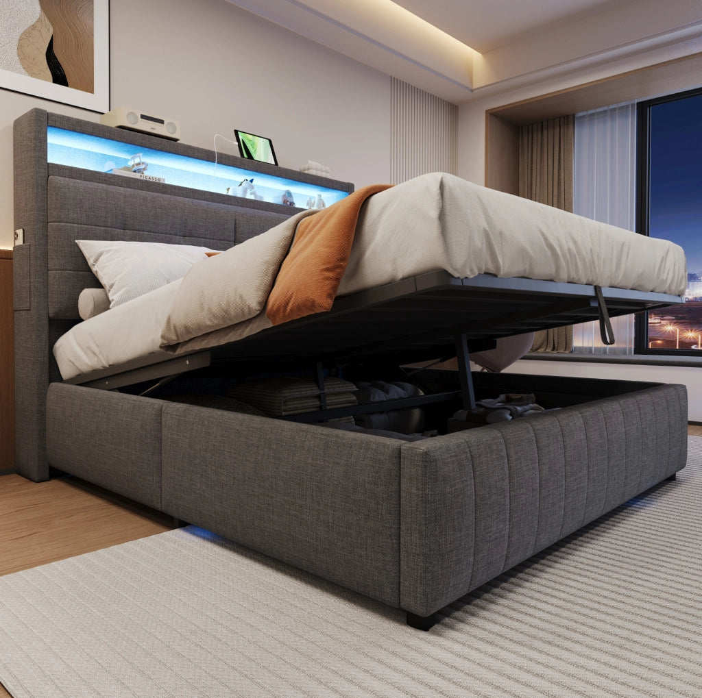 Letto imbottito 160x200 cm con LED; USB e contenitore in tessuto di lino grigio