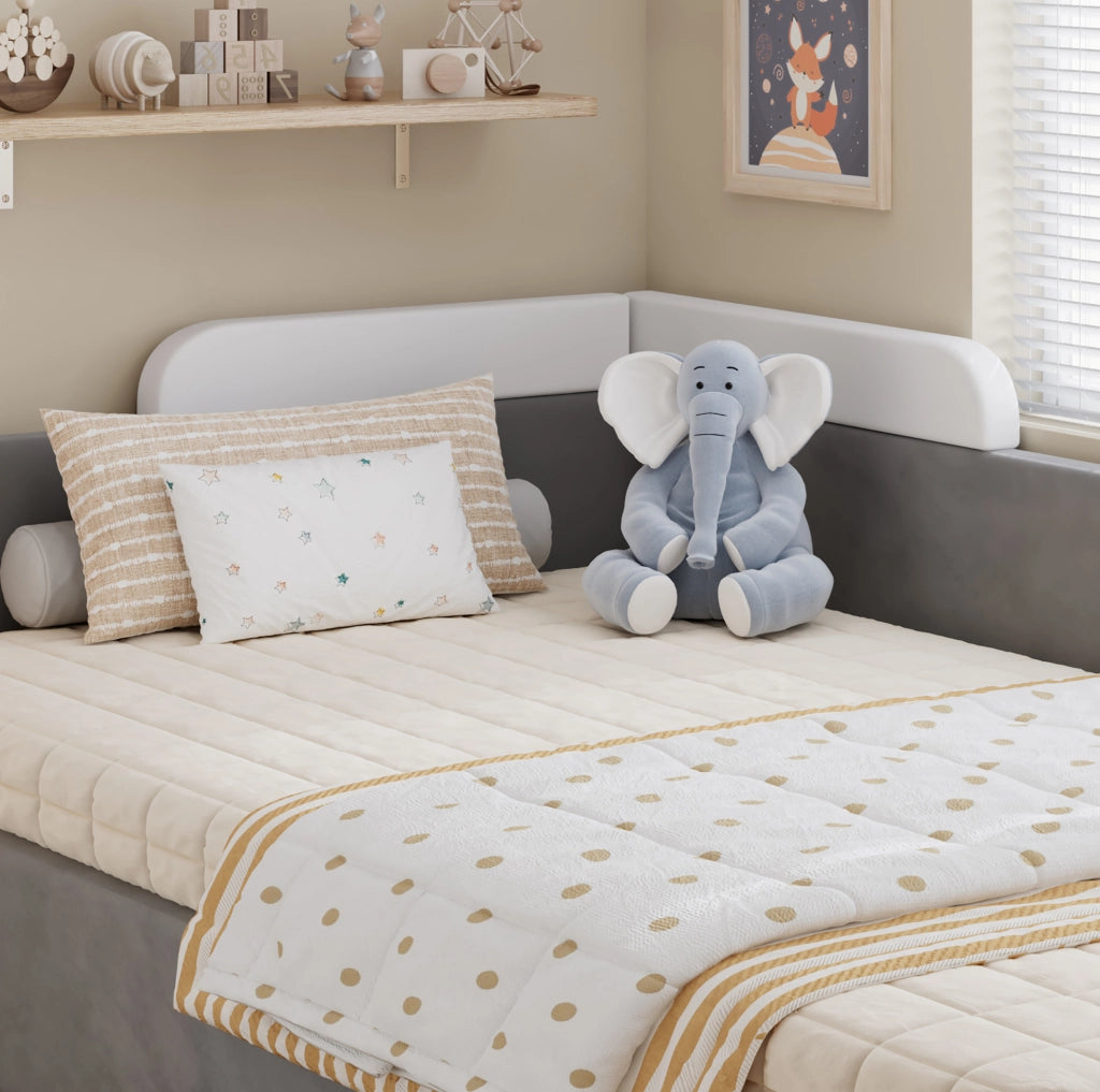 Letto imbottito per bambini con vano contenitore idraulico; velluto; per 2 materassi 90x200 cm
