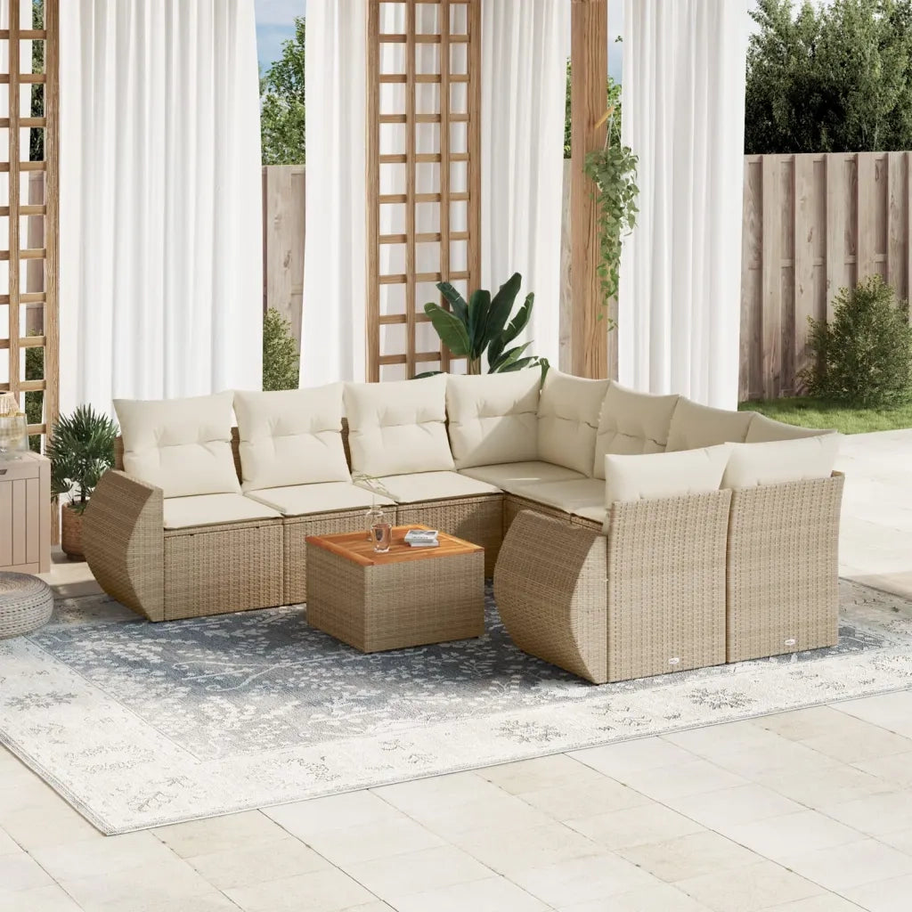 Set Divano da Giardino 9 pz con Cuscini Beige in Polyrattan