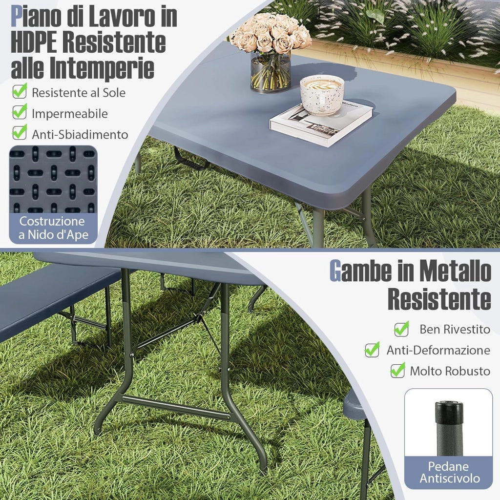 Tavolo Pieghevole Portatile da 180 cm, Tavolo da Campeggio in HDPE, Meccanismo di Blocco Sicuro, Tavolo da Picnic con Maniglia, Portata 160 kg (180 cm,Grigio)